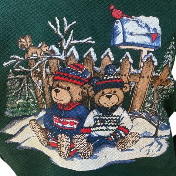 Vintage Winter Teddy Sweatshirt M/L Green Pullover Bears X-mas Tompkins Avenue - Picture 7 of 14